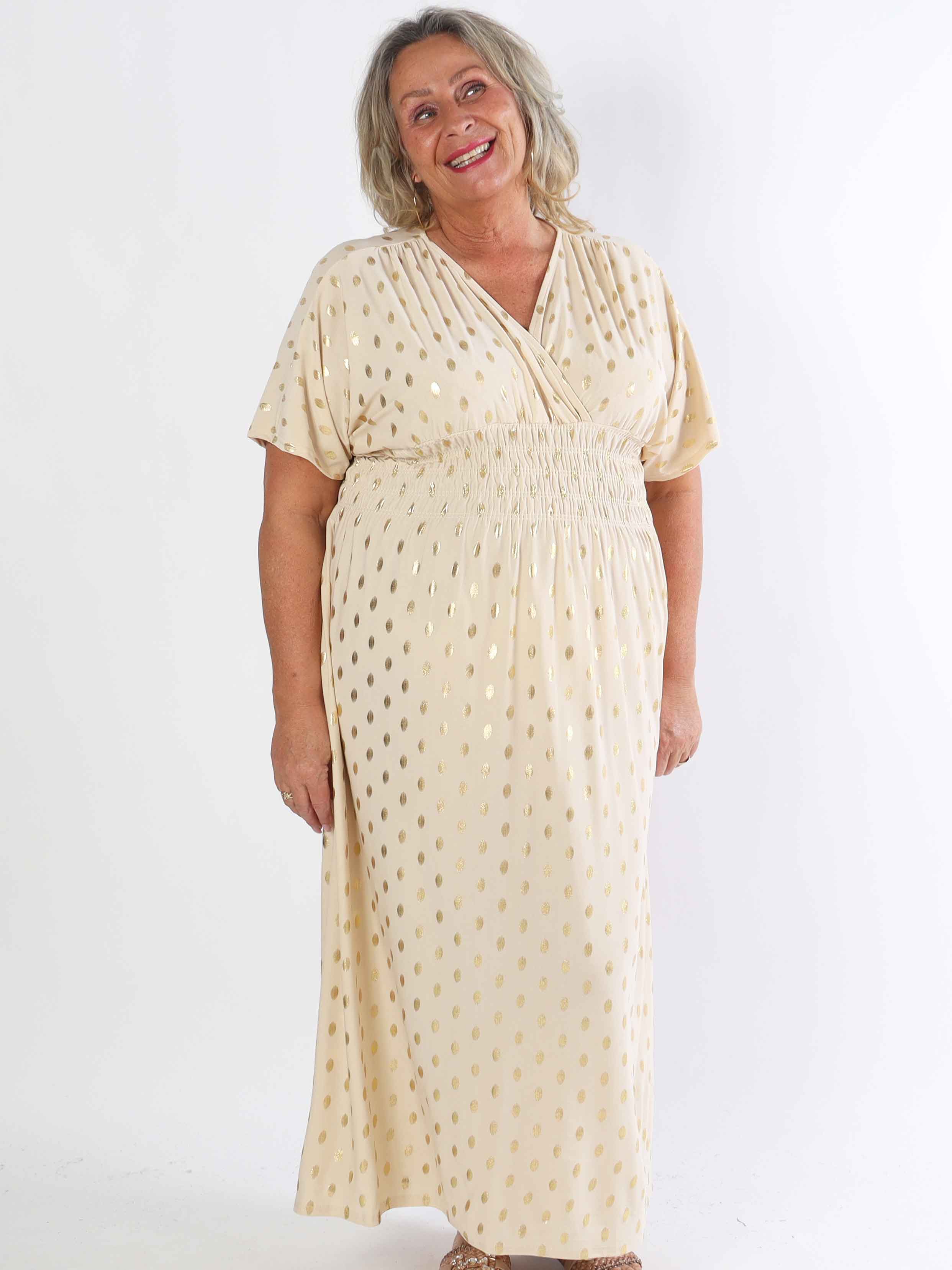 Pams Dot - Lang elastisk plus size kjole med prikket detaljer